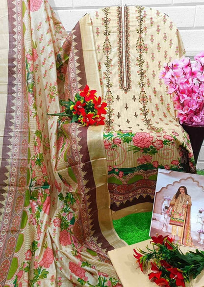 Unstitched Pure Cotton Cambric Suit Material with Self Embroidery and Mal Mal Dupatta