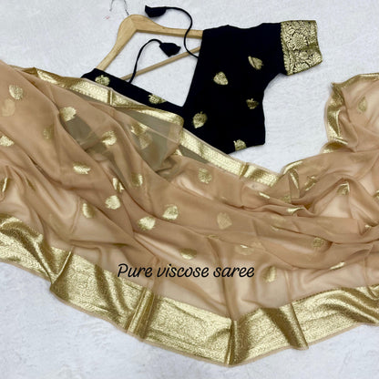 Women’s Pure Viscose Georgette Saree with Leaf Zari Design and Contrast Running Blouse