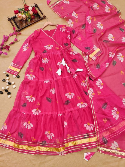 Pink Tabby Organza Anarkali Suit with Dupatta – Full Lining & Frill Pattern – Sizes M to XXL