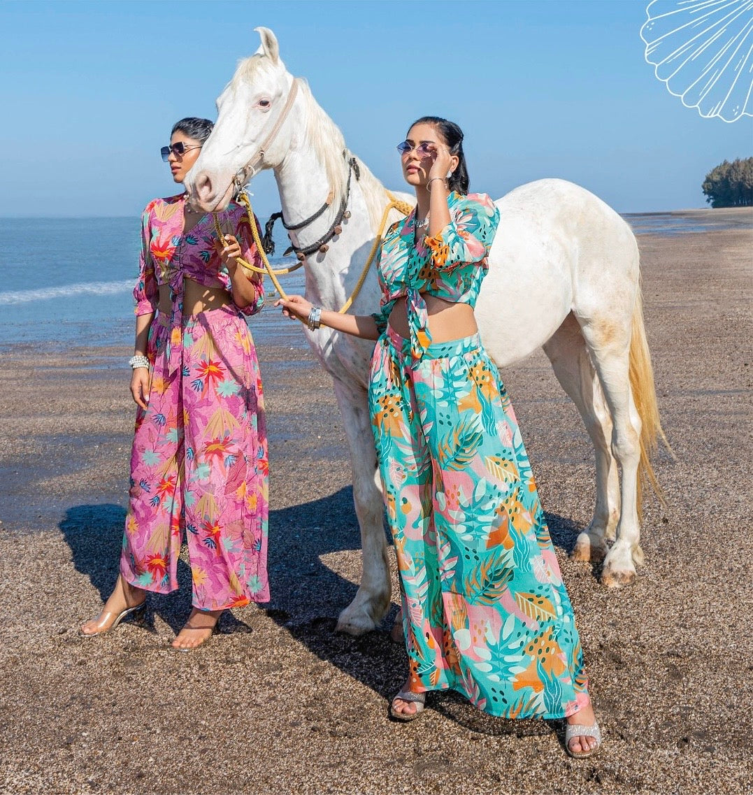 Viscose Chiffon Digital Printed Crop Top with Palazzo – Designer Summer Wear – Sizes S to XL