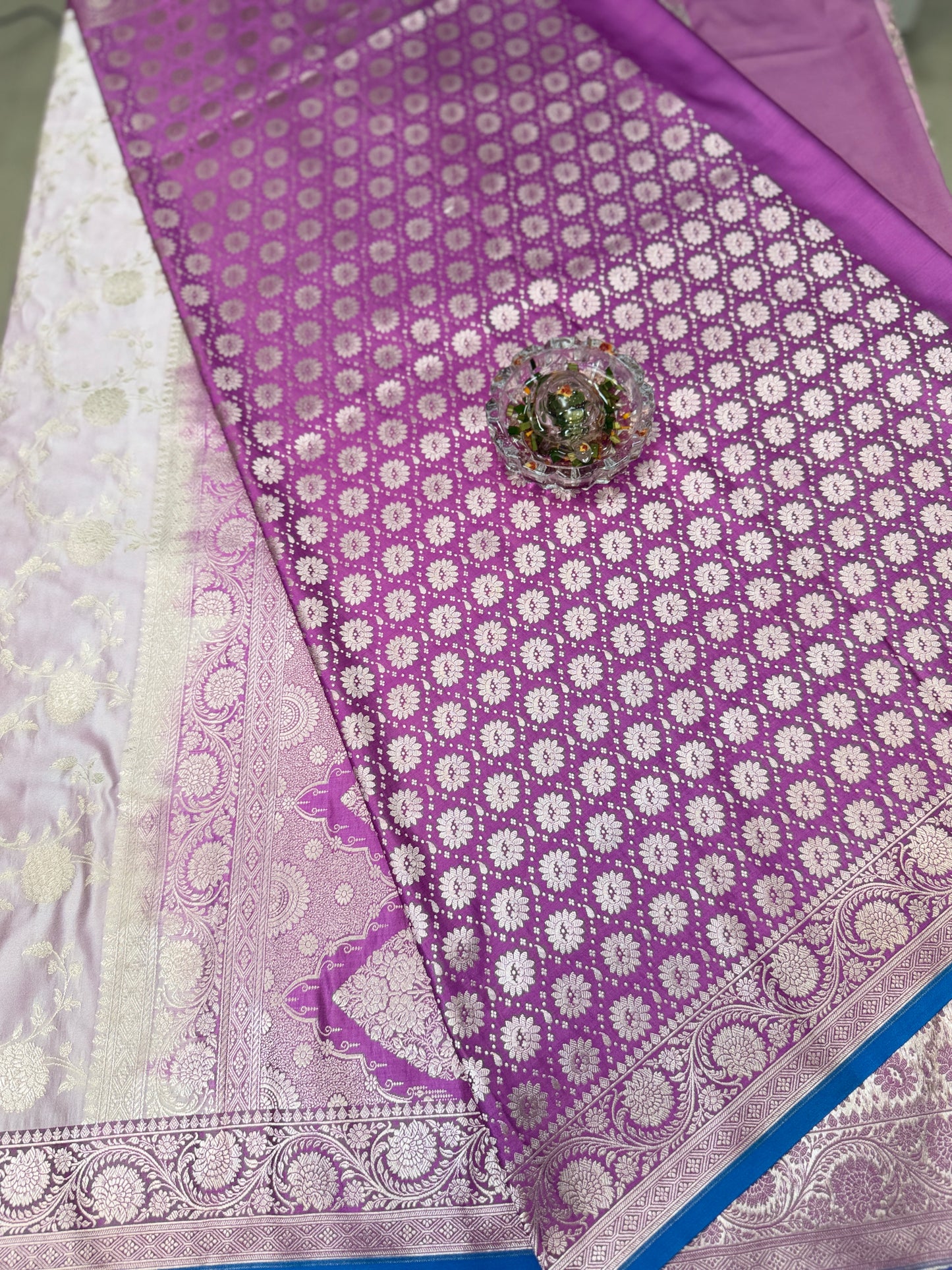 Banarasi Mashru Katan Silk Saree in Silver and Purple with Contrast Blouse Piece – Women’s Festive Wear