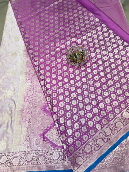 Banarasi Mashru Katan Silk Saree in Silver and Purple with Contrast Blouse Piece – Women’s Festive Wear