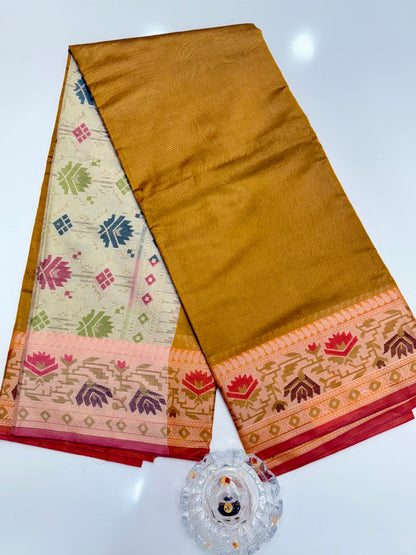 Semi Raw Silk Saree with Temple Border and Blouse – Handwoven Style Festive Wear