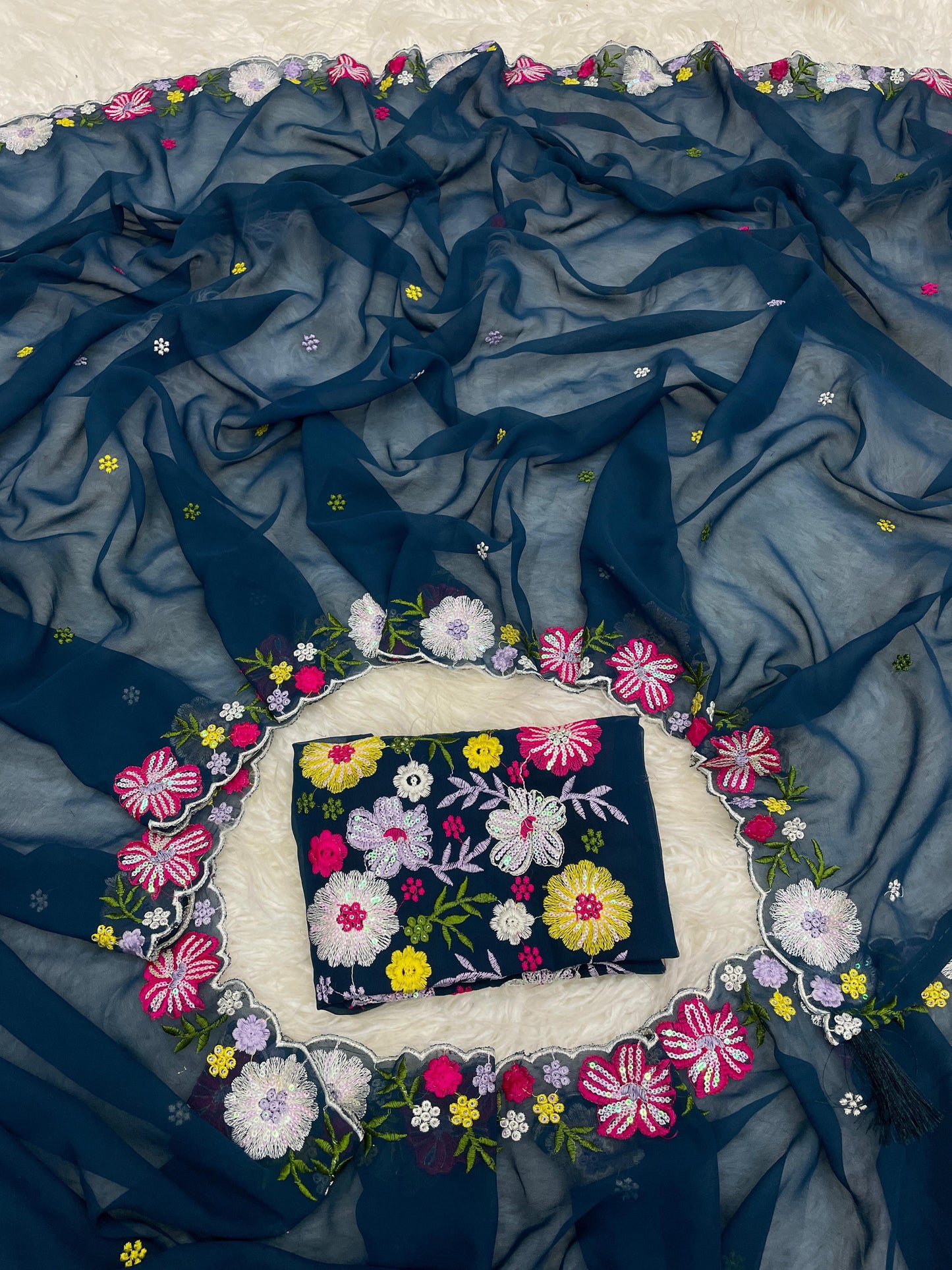 Women’s Pure Georgette Saree with Multi-Color Thread Work, Tassels and Heavy Embroidered Blouse