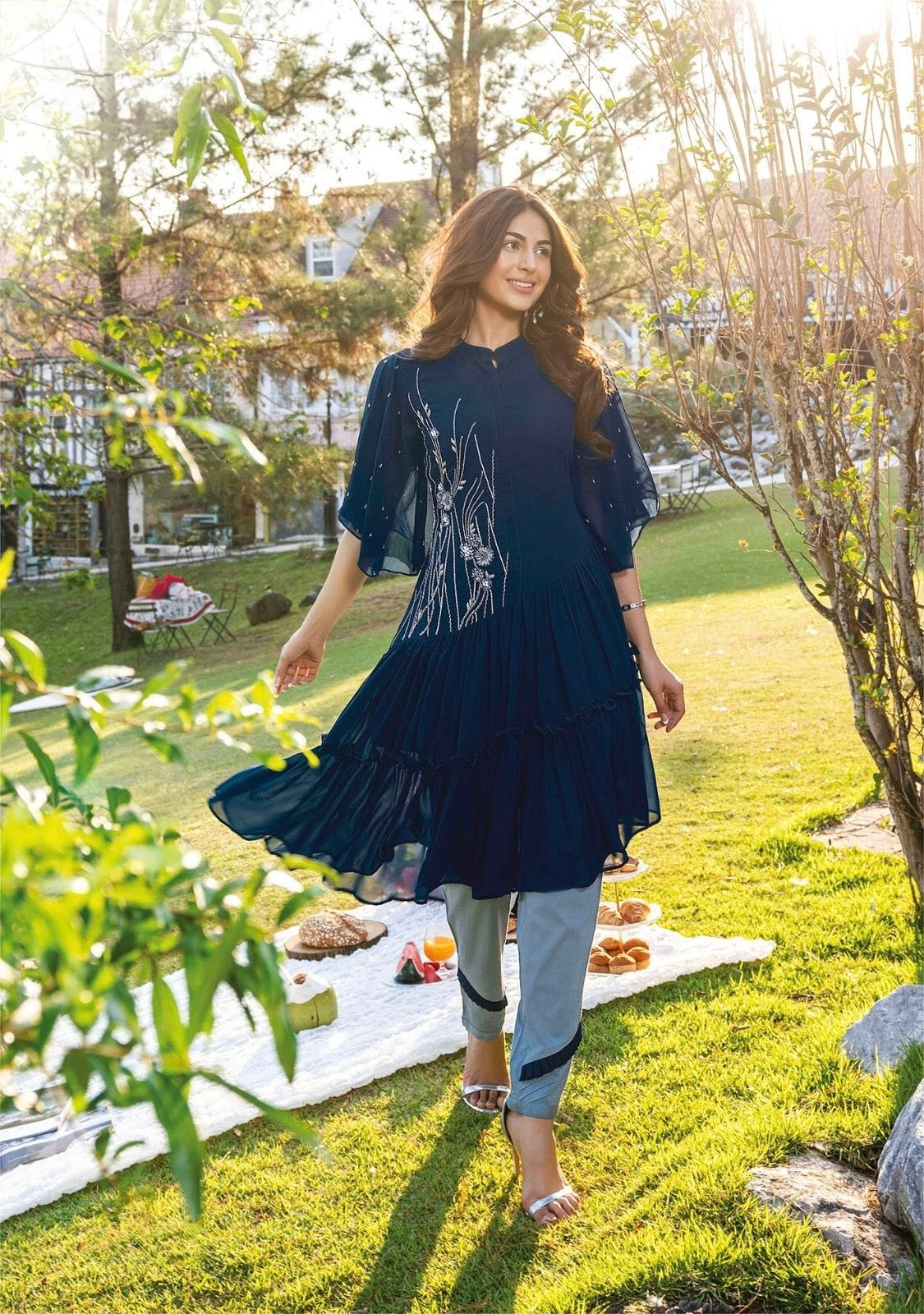 Georgette Designer Kurti Pant Set for Women with Handwork and Cotton Lycra Bottom