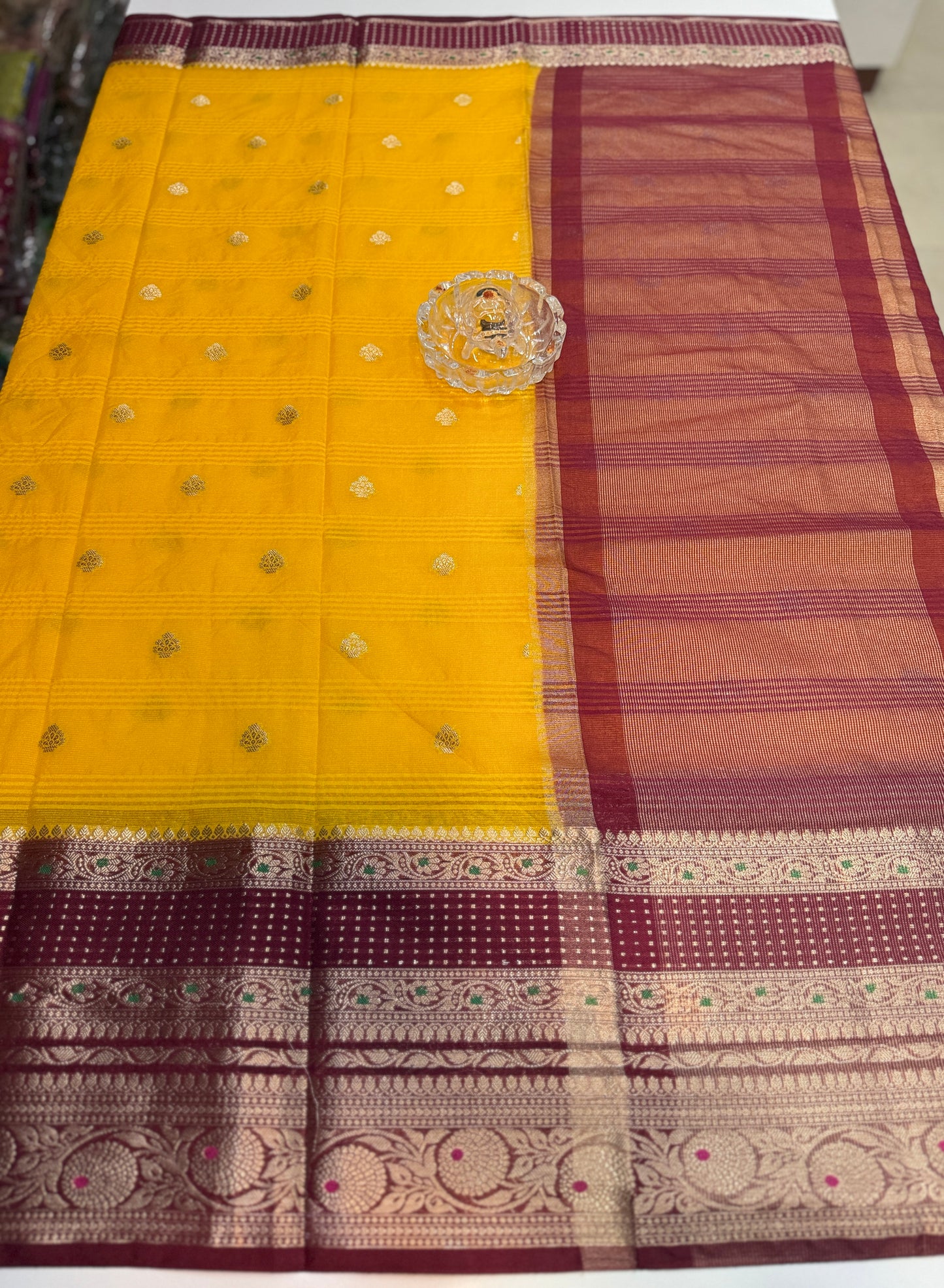 Banarasi semi georgette silk saree with gold zari weaving, meenakari big border and buti design for women