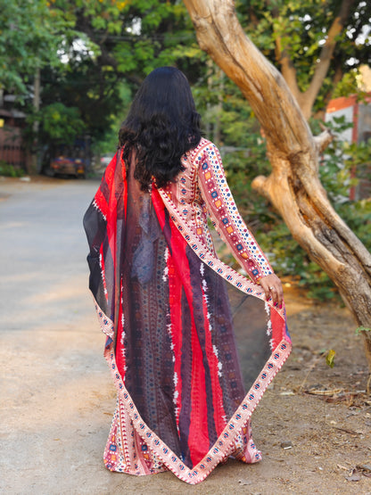 Poly Rayon Printed Gown with Gota Lace, Doori & Tassel – Chanderi Multicolour Dupatta – Sizes L to XXL