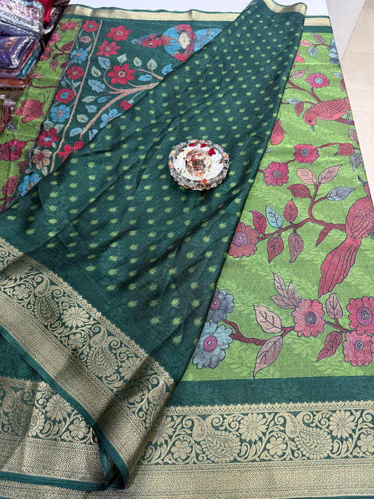 Silk blend printed saree with zari border and digital pallu print, 6.3m with running blouse, 6 color options