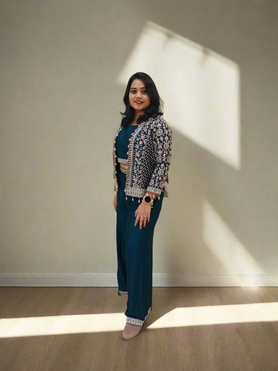 Real Chinon 3-Piece Ethnic Set with Front and Back Embroidery, Mirror Work, and Tassel Lace – Free Size Stitched