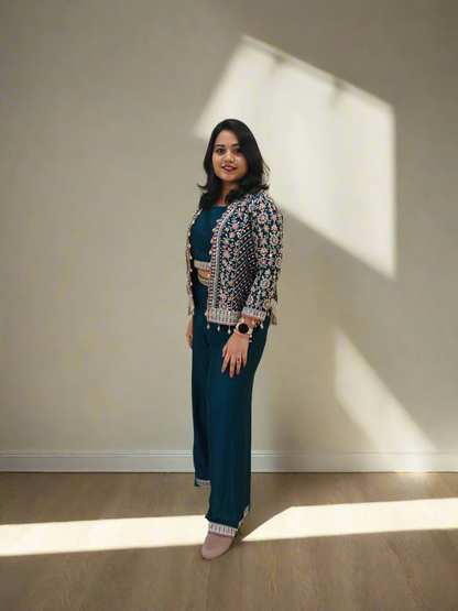 Real Chinon 3-Piece Ethnic Set with Front and Back Embroidery, Mirror Work, and Tassel Lace – Free Size Stitched