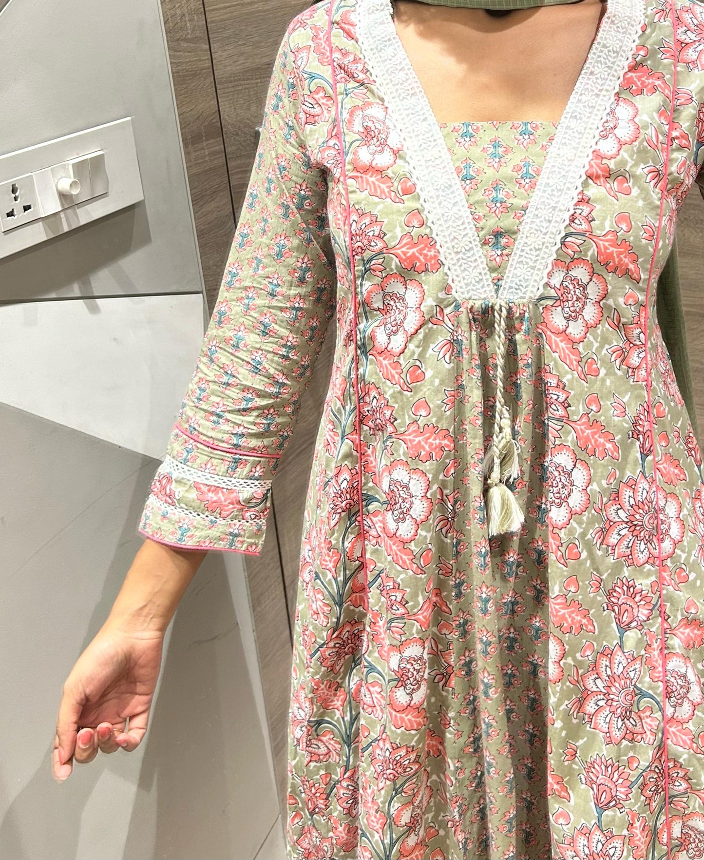 Printed Cotton Kurta Pant Dupatta Set with Lace Detailing and Kota Doria Dupatta for Women