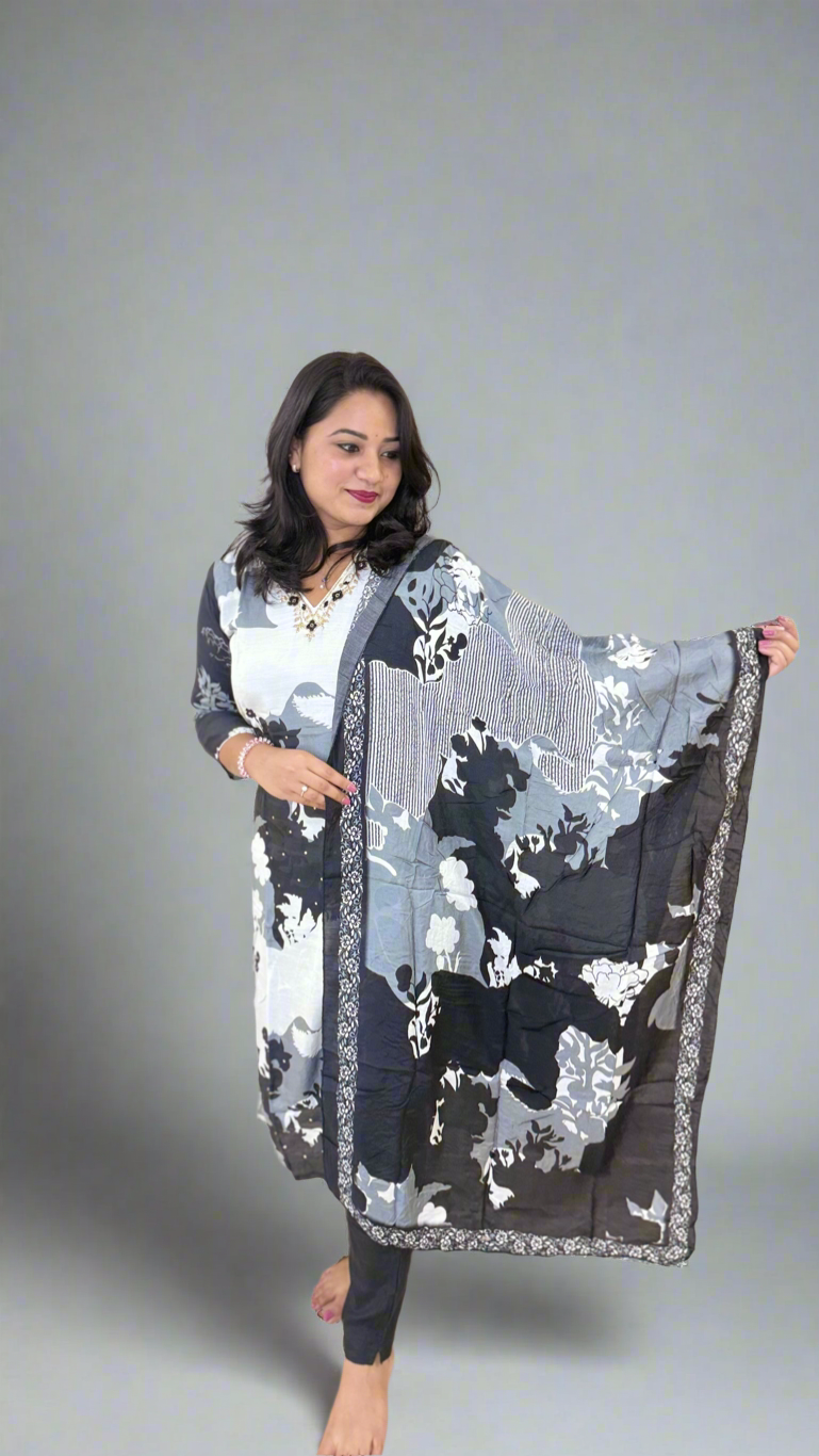 Pure Muslin Kurta Pant Dupatta Set with Handwork and Cotton Inner – Plus Sizes XL to 3XL