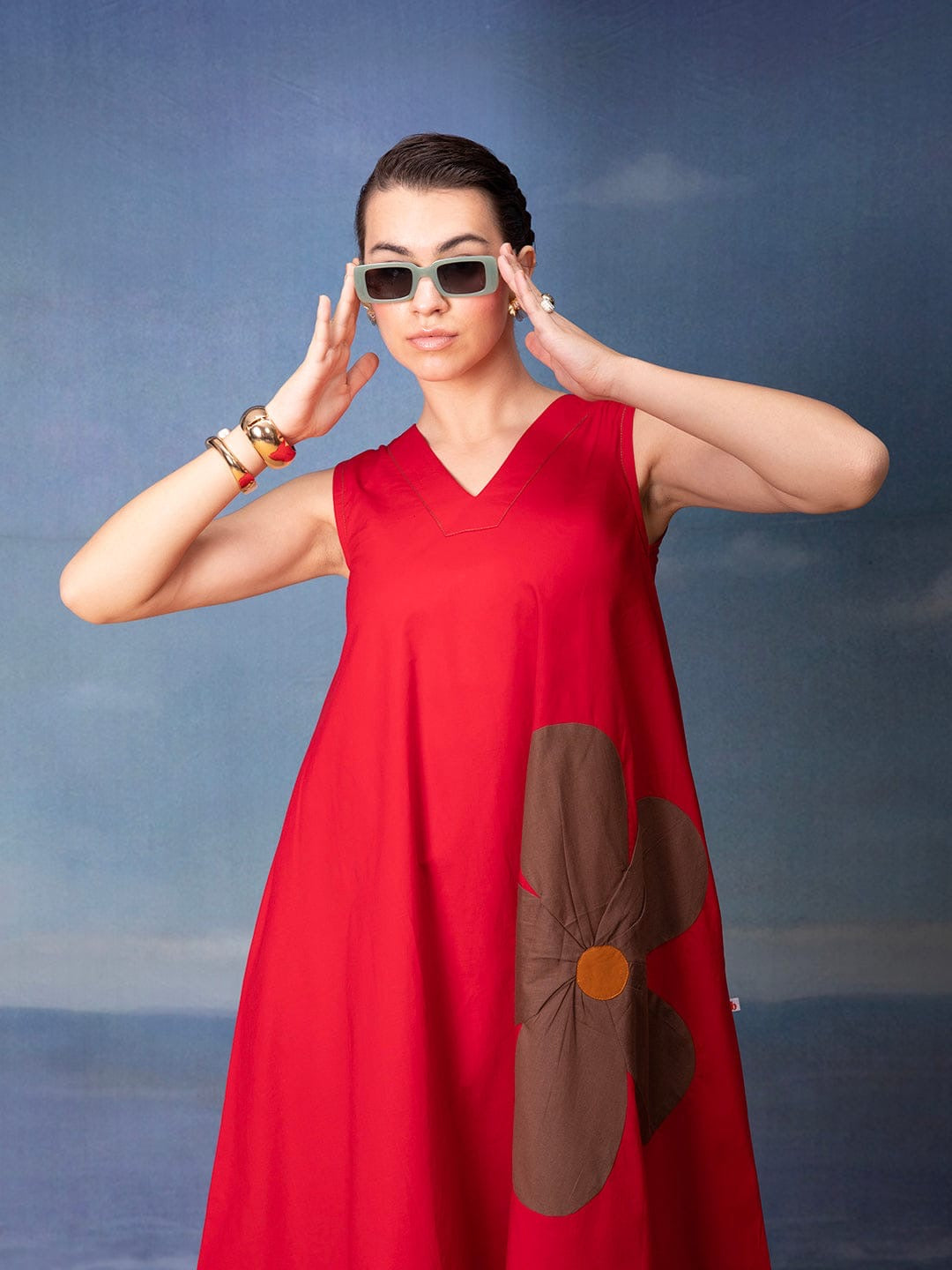 Poplin Cotton Sleeveless Midi Dress with Applique Detailing – Women’s Summer Casual Wear (M to XXL)