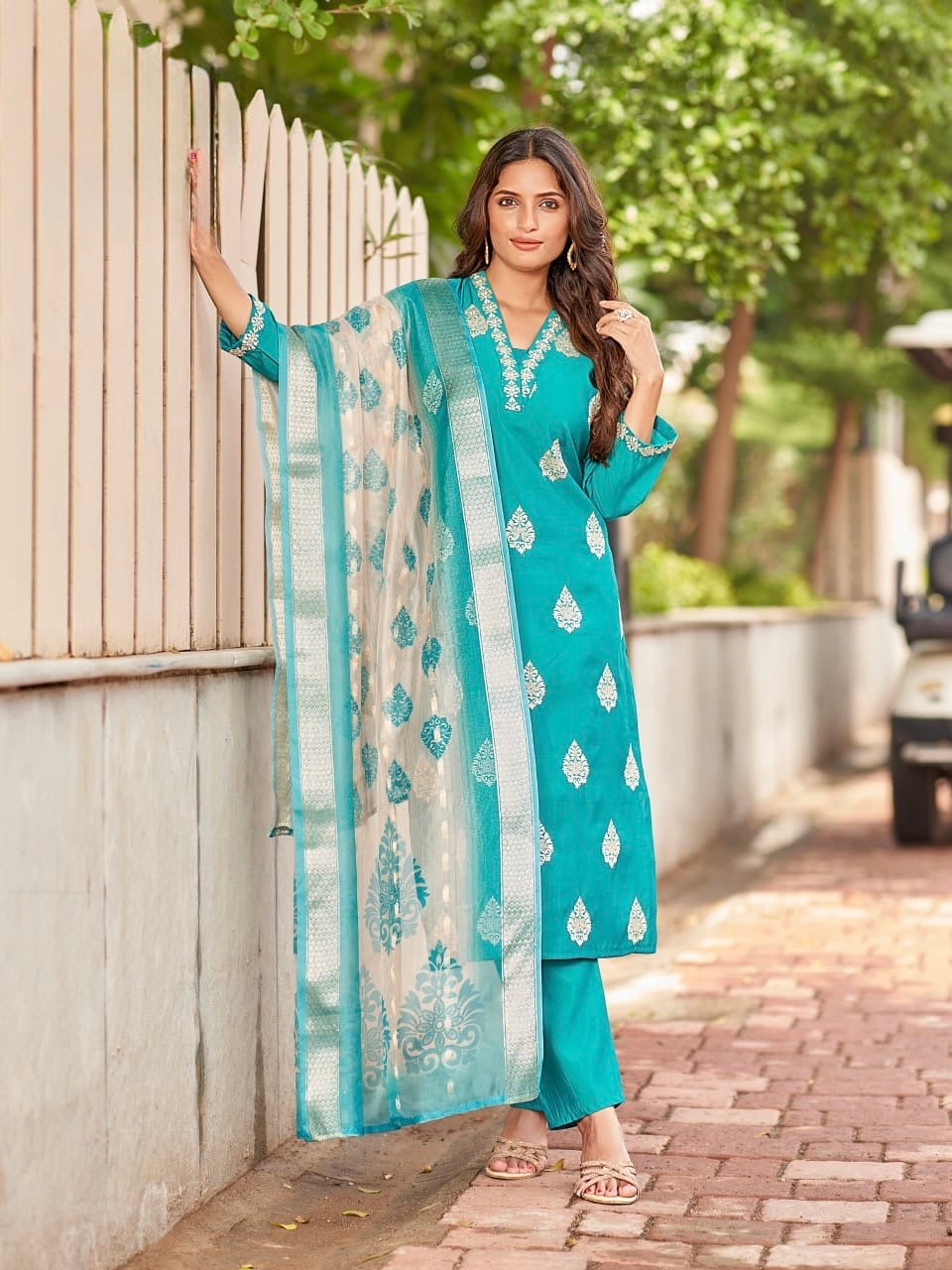 Women’s Roman Silk Straight Suit Set with Digital Print Dupatta – 3-Piece XL to 2XL