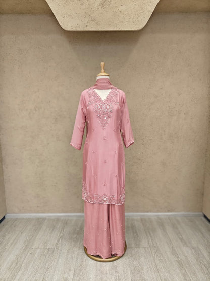 Women’s chinnon embroidered kurta set with lining, pant and dupatta, festive ethnic wear, size 38–44