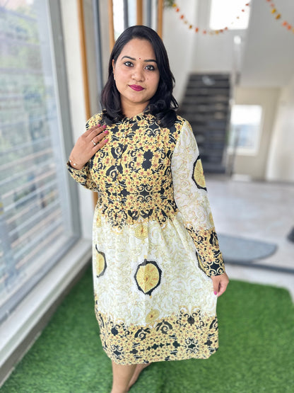 Women’s Indo-Western Chiffon Midi Dress with Digital Print and Flap Sleeves – Sizes 36 to 44