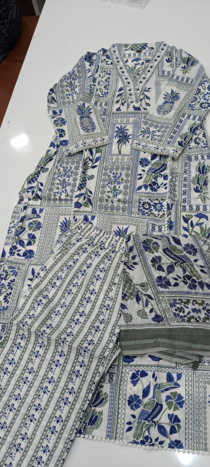 Premium Cotton Suit Set with Neemzari Sequence Mirror Work and Printed Dupatta for Women