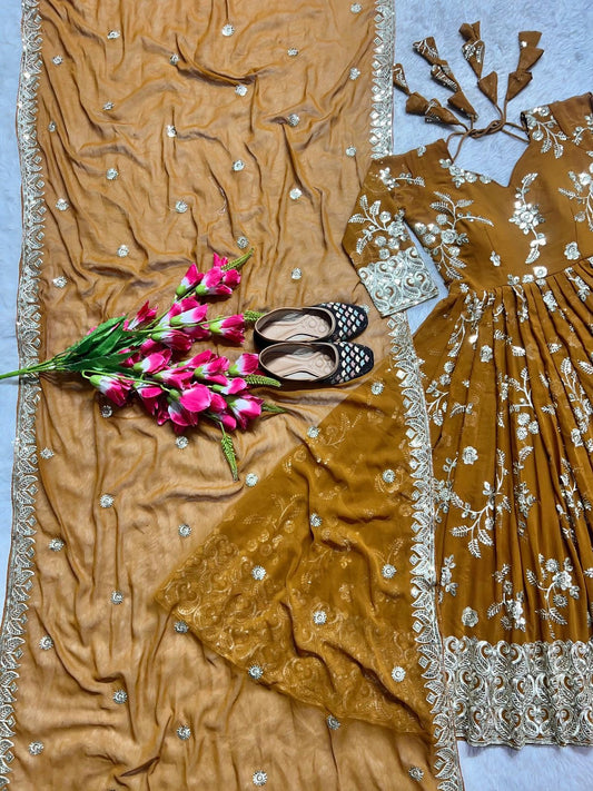 Faux Georgette Anarkali Suit with Sequins Embroidery, Cotton Pants and Dupatta for Women