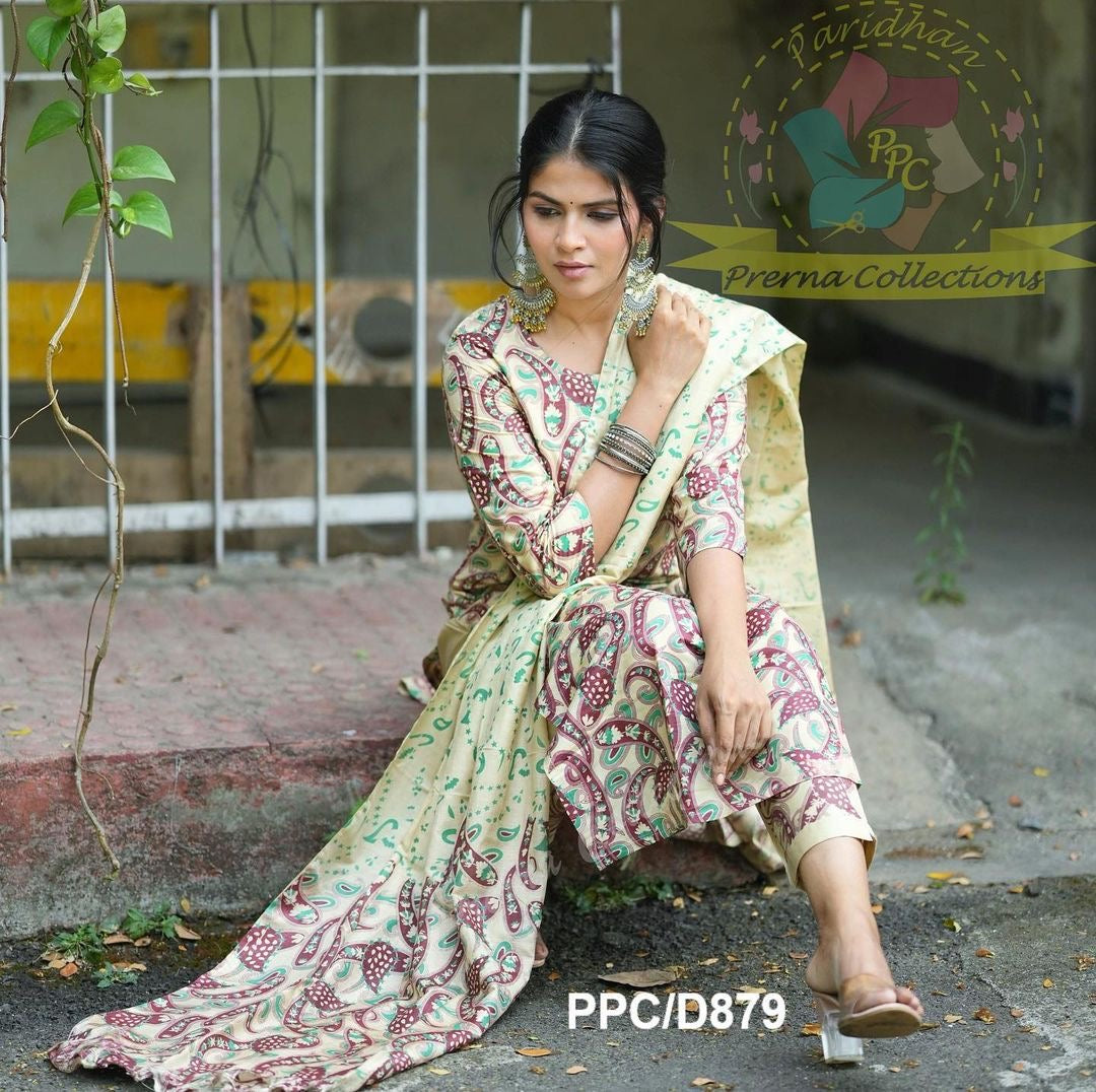 Silk Kalamkari Kurta Pant Dupatta Set for Women – Traditional Printed 3-Piece Set – Sizes 36 to 44