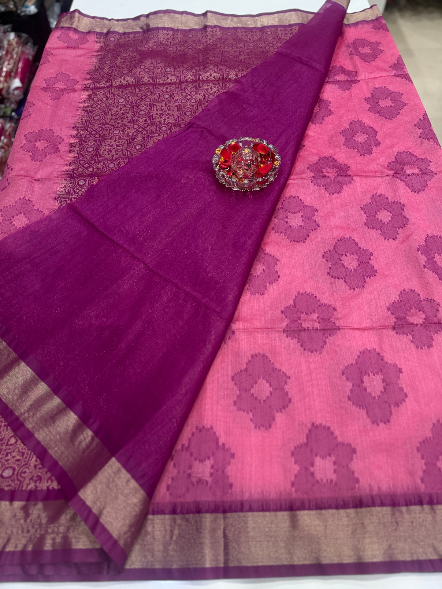 Women’s woven saree with butta motifs, contrast pallu border and tassel pallu, traditional wear, multiple colors