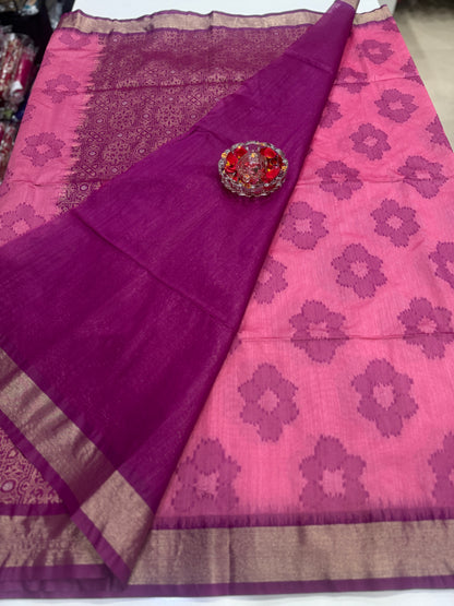 Women’s woven saree with butta motifs, contrast pallu border and tassel pallu, traditional wear, multiple colors
