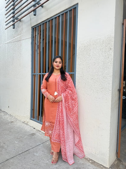 mul chanderi kurti pant and dupatta set for women with detailing work