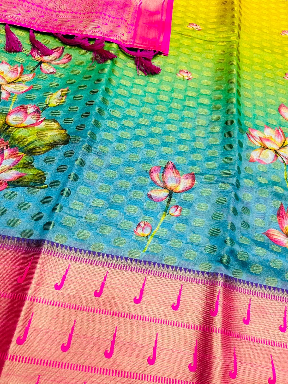 Paithani Silk Saree with Digital Print, Goli Zari Weaving and Tassel Pallu – Contrast Blouse