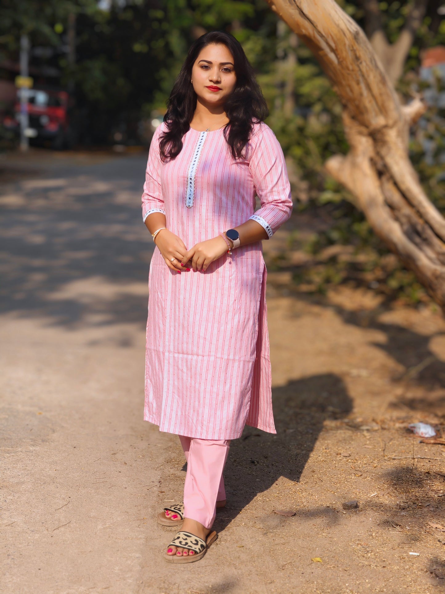 Blue Cotton Blend 2-Piece Casual Set for Women with Sequin and Stripe Pattern