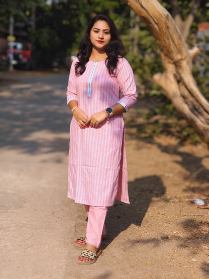 Blue Cotton Blend 2-Piece Casual Set for Women with Sequin and Stripe Pattern