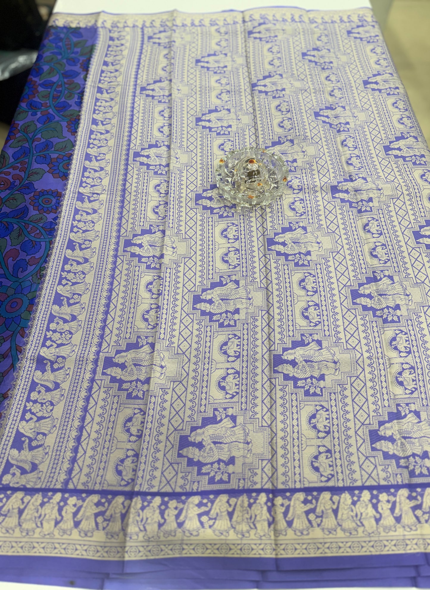 Pure Crepe Mysore Silk Saree for Women – Kalamkari Print with Kathan Border, 75 Gram, Silk Mark Certified