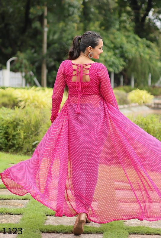 Faux Georgette Leheriya Front Open Long Kurti with Kutchi Patchwork for Women