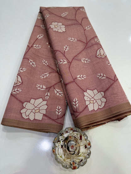 Linen printed saree with floral vine design, contrast border and tassel pallu, women’s daily wear saree