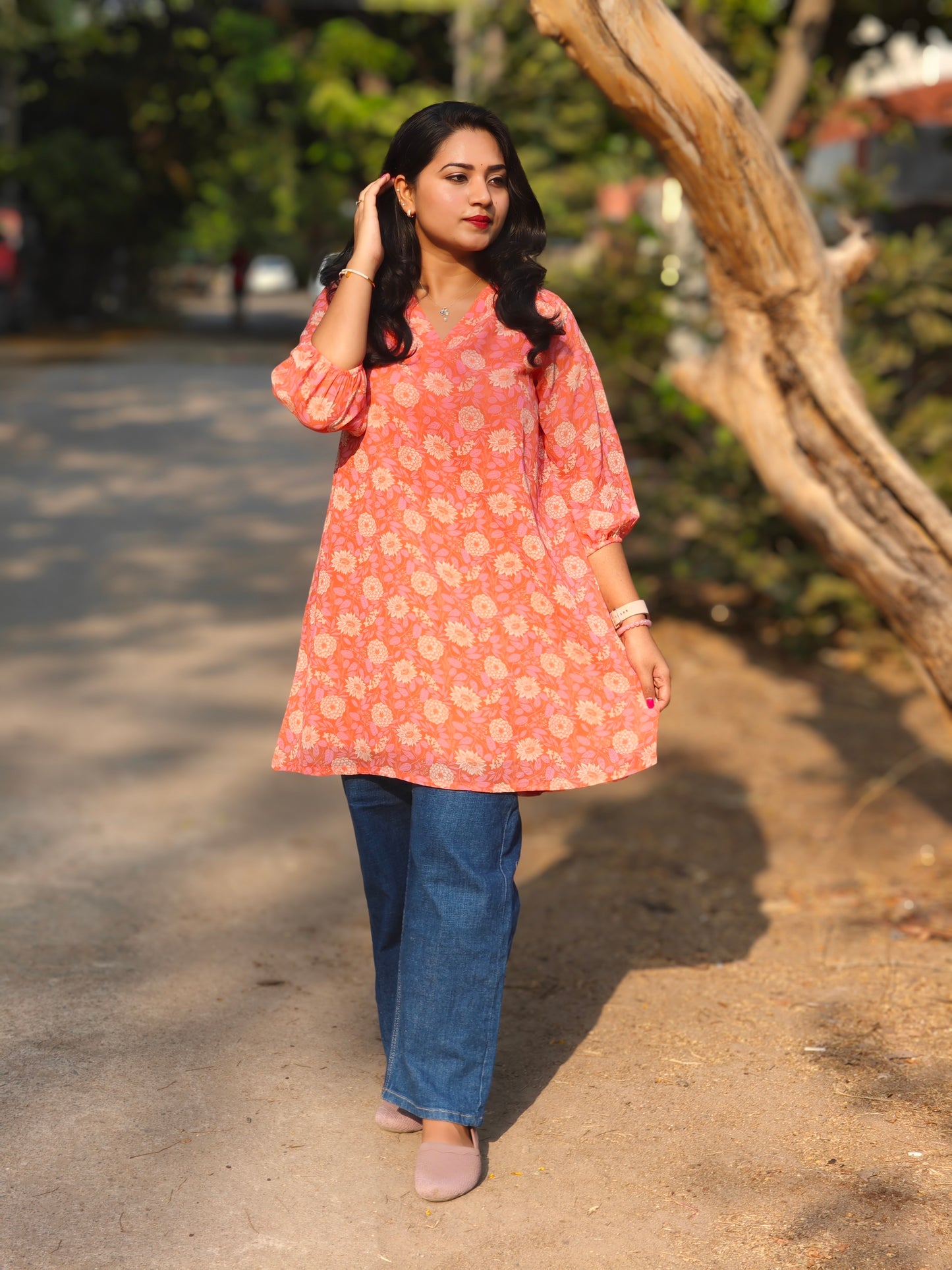 Floral Printed Gathered Tunic for Women with V-Neck and 3/4th Sleeves – Sizes L & 3XL