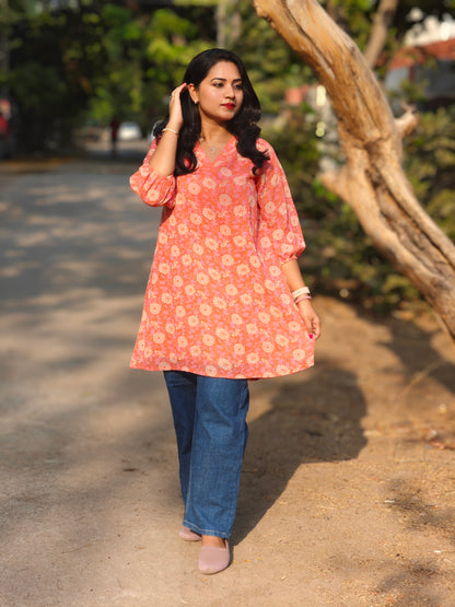 Floral Printed Gathered Tunic for Women with V-Neck and 3/4th Sleeves – Sizes L & 3XL