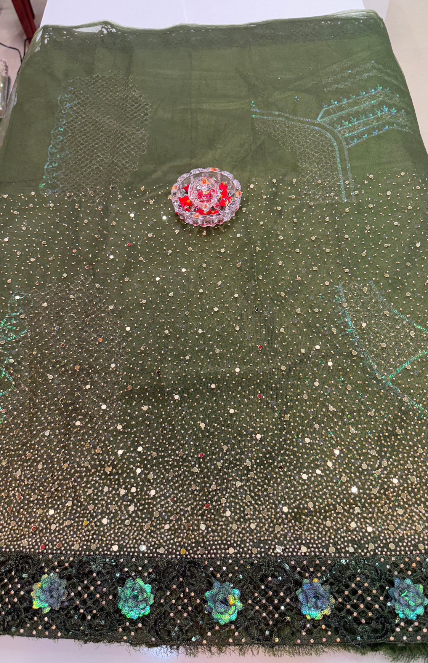 Olive Green Sequin Embroidered Saree for Women – Fancy Designer Fabric with Floral Pallu and Lace Border