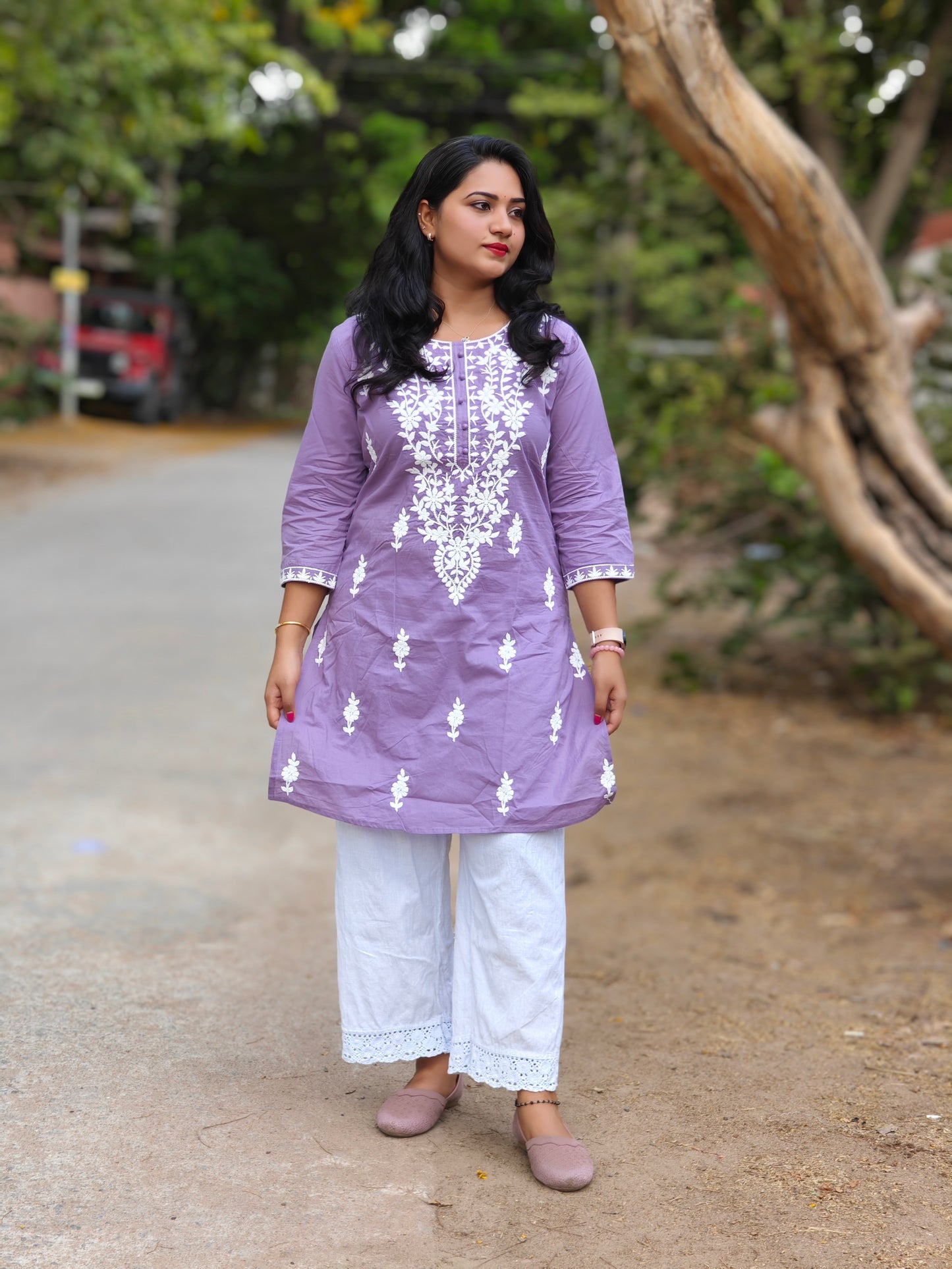 Lavender Cotton Chikankari Embroidered Tunic for Women – M to 2XL