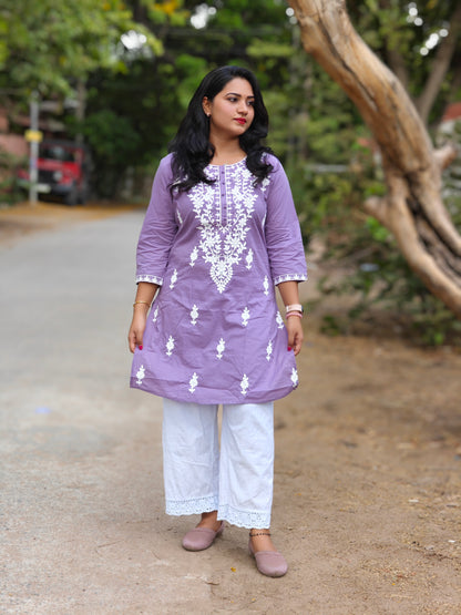 Lavender Cotton Chikankari Embroidered Tunic for Women – M to 2XL