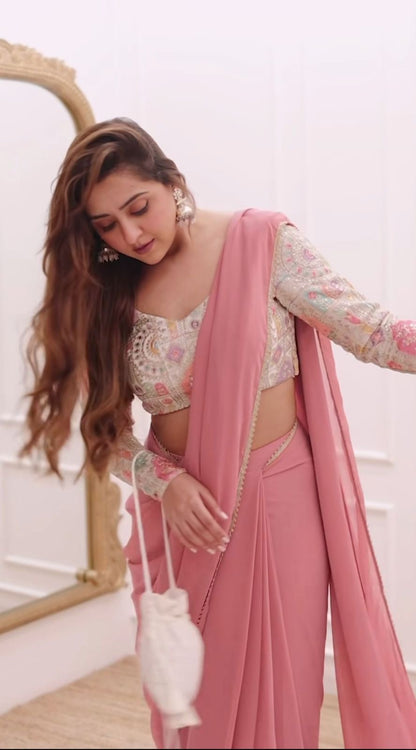 Women’s Georgette Saree with Lace Border and Heavy Embroidery Coding Work Designer Blouse