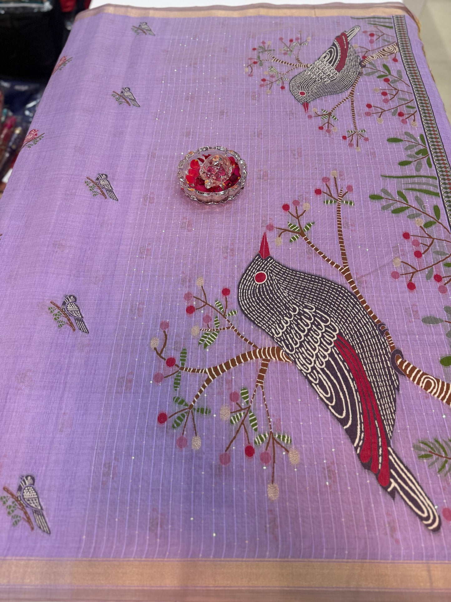 Ghicha cotton saree with bird motif pallu and tassel border, printed cotton saree for women