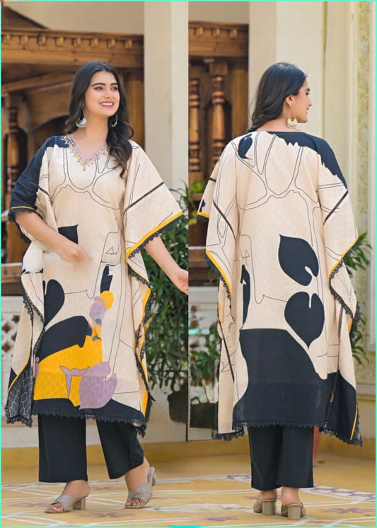 Dobby Cotton Kaftan Set with Digital Print, Mirror and Bead Work for Women