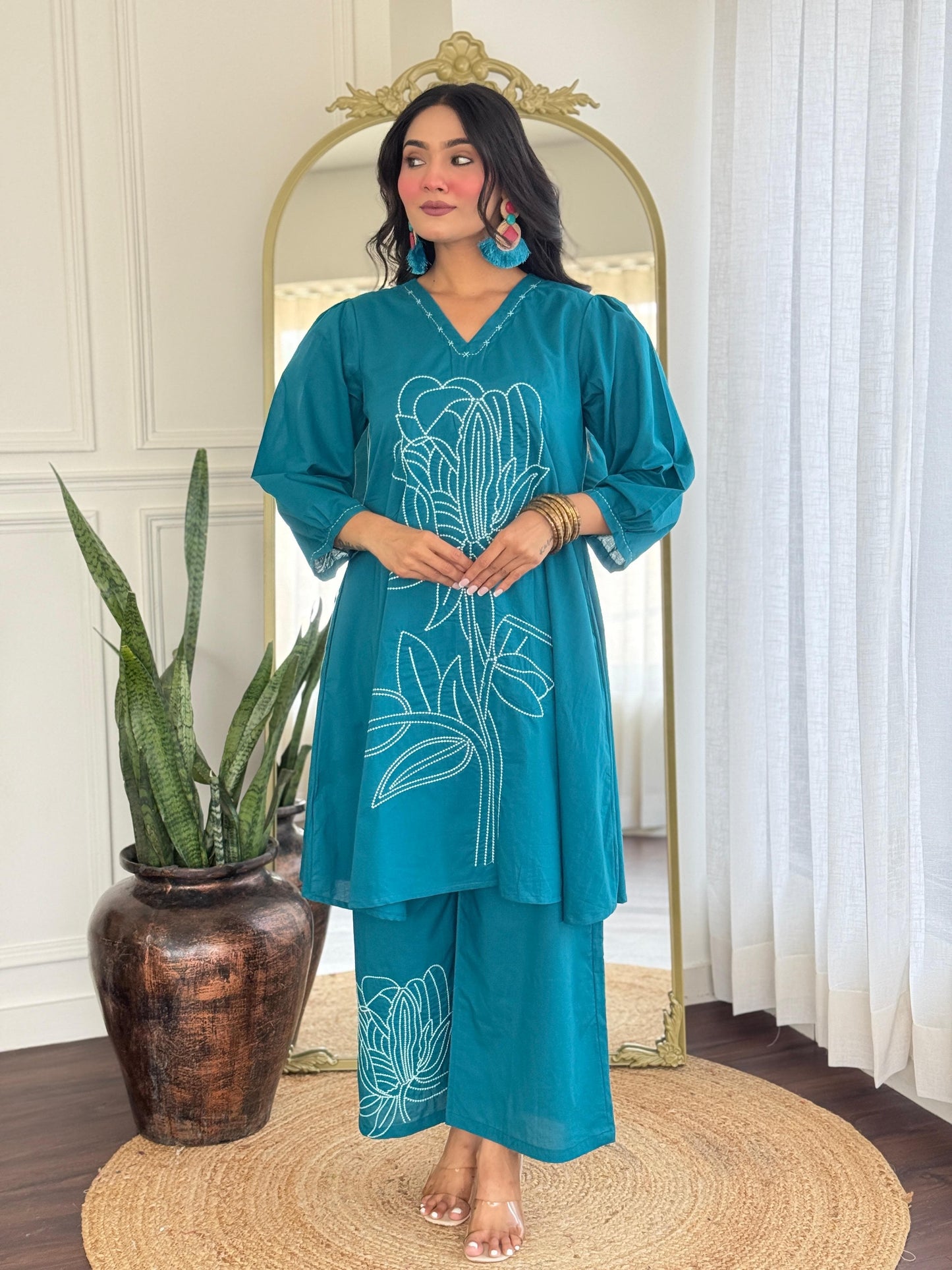 Pure Cotton Co-Ord Set with Elegant Embroidery – Ethnic Casual Wear for Women in Blue (M to XXL)