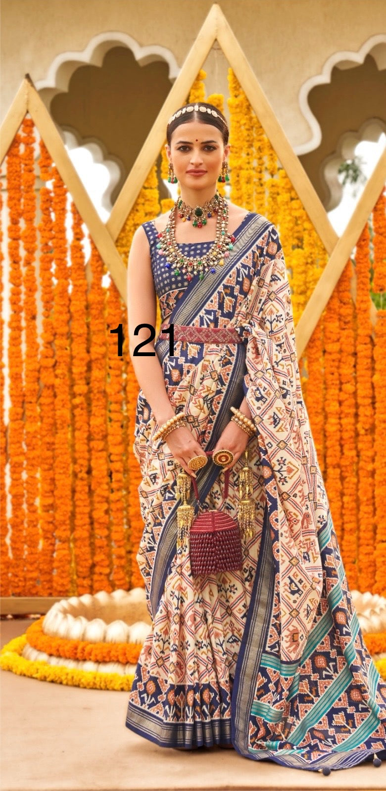 Patola Sigma Silk Saree with Aqwa Finish and Gold Print Waist Belt for Women
