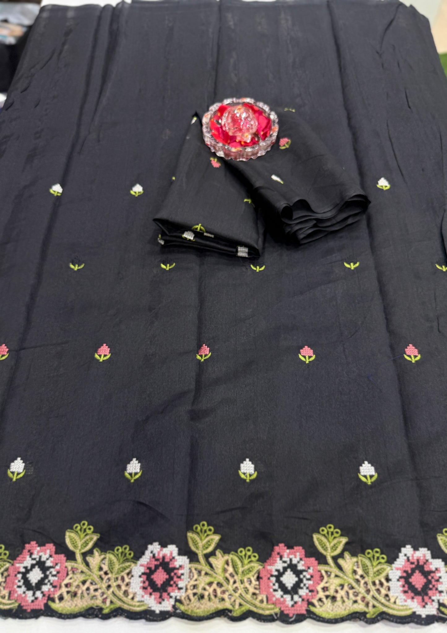 Matka Silk Saree with Embroidered Buttis, Cutwork Big Pallu, and All-Over Cutwork Panel