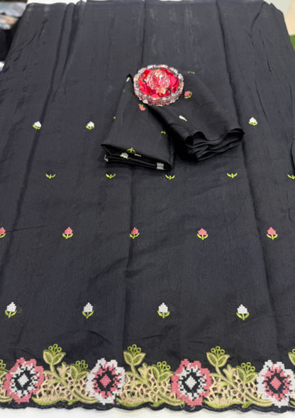 Matka Silk Saree with Embroidered Buttis, Cutwork Big Pallu, and All-Over Cutwork Panel