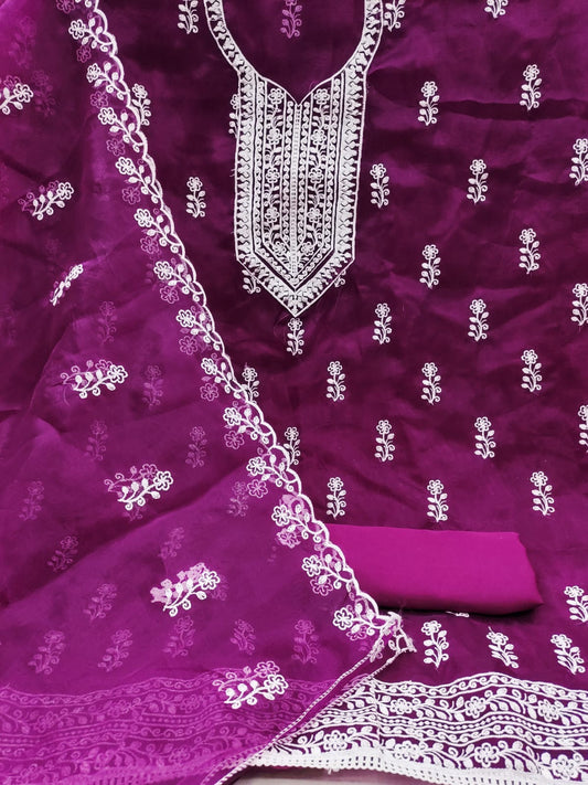 Unstitched Organza Silk Dress Material with Multi-Work Detailing, Micro Fabric Bottom and Organza Dupatta