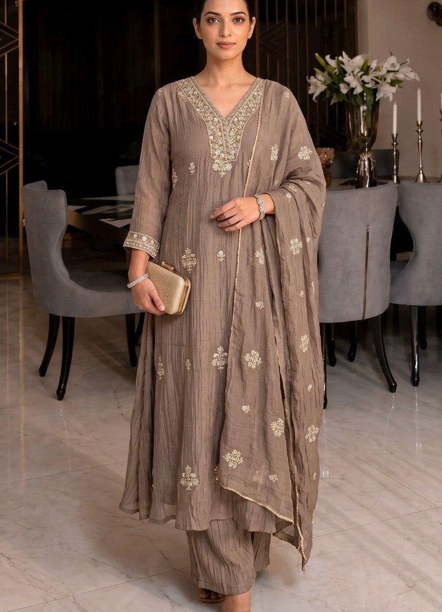 Salsa Beadwork Kurta Pant Dupatta Set for Women with Lining, Taupe A-Line 3 Piece Set