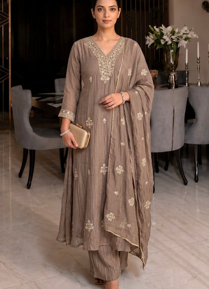 Salsa Beadwork Kurta Pant Dupatta Set for Women with Lining, Taupe A-Line 3 Piece Set