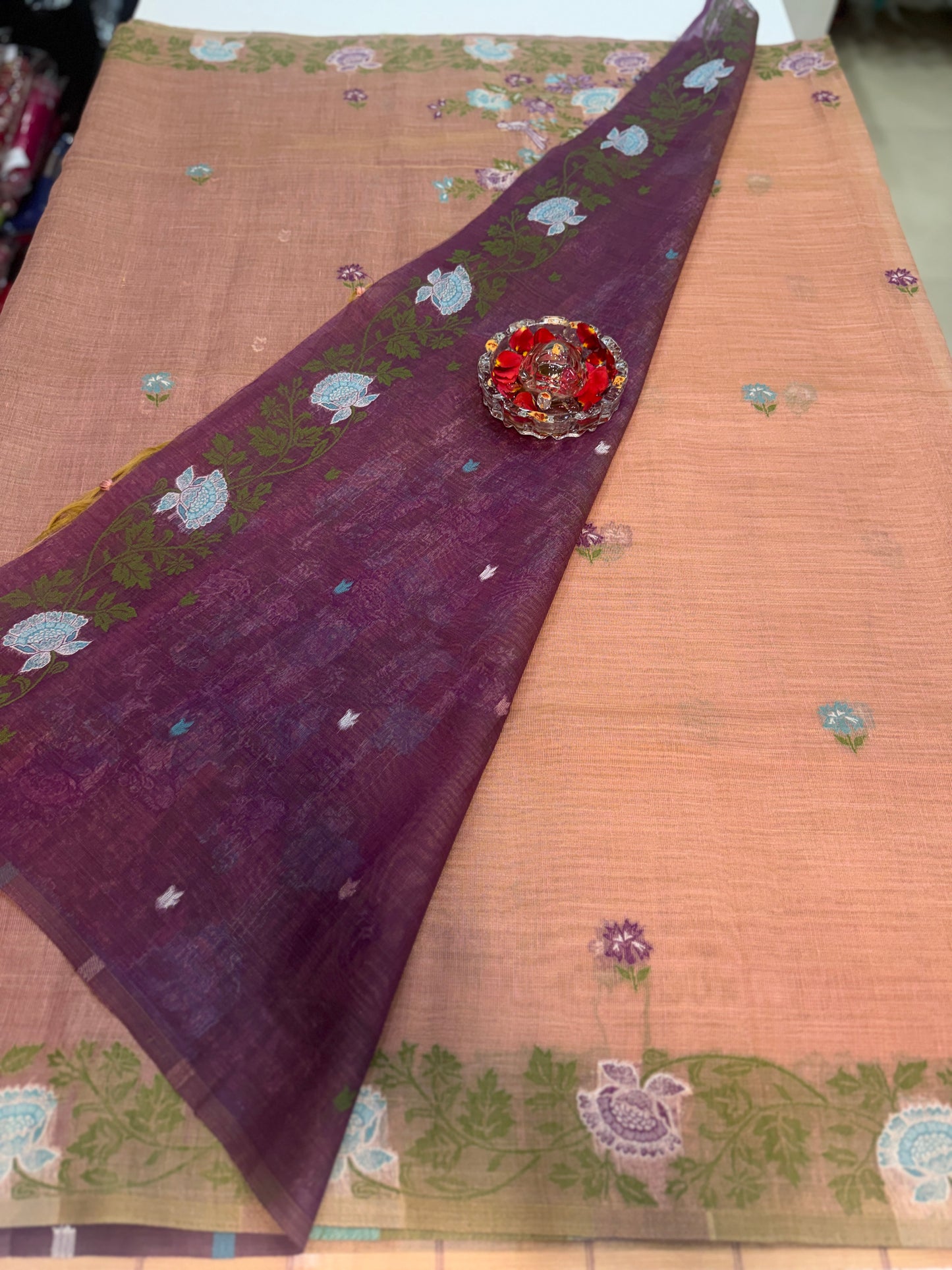 Tissue chanderi saree with floral border and tassel pallu, pastel printed saree for women