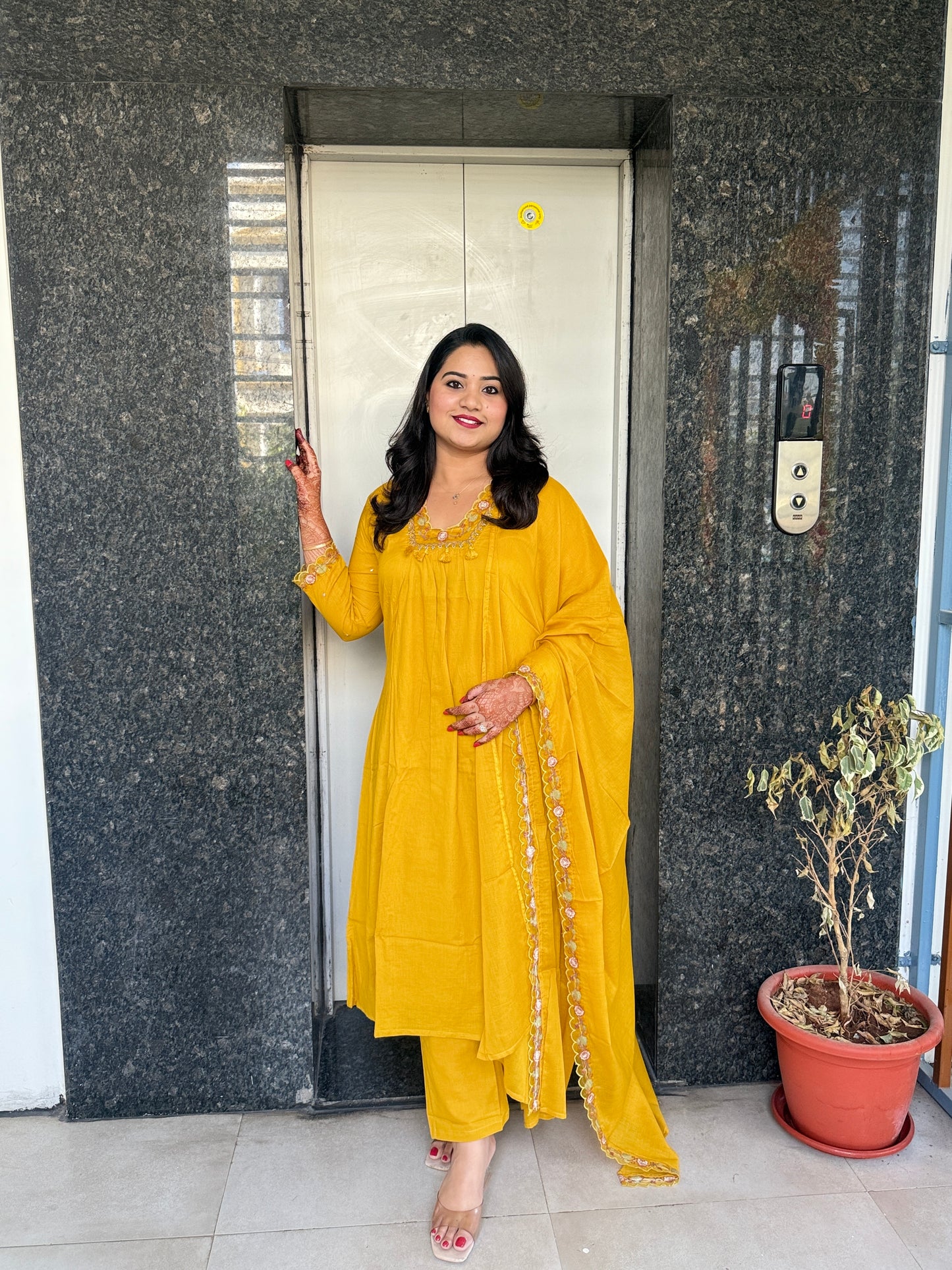 Women’s Mustard Salli Cotton Kurta Set with Embroidery and Dupatta – Sizes 38 to 46