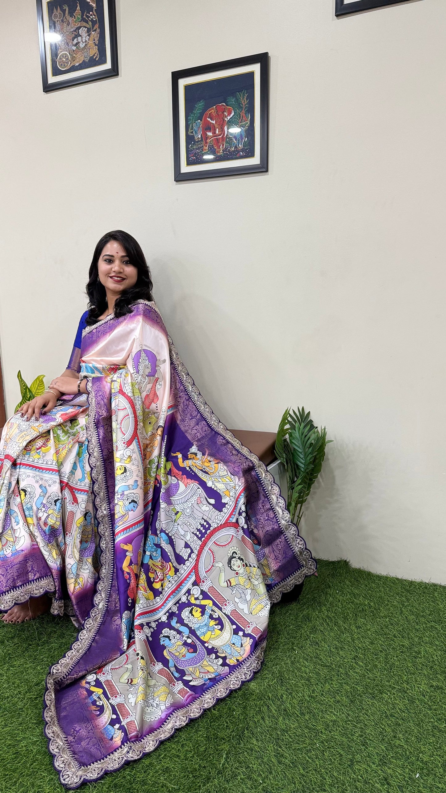 Dola Lichi Soft Silk Saree with Jacquard Jari Weaving, Pichwai Kalamkari Print and Sequins Lace Border
